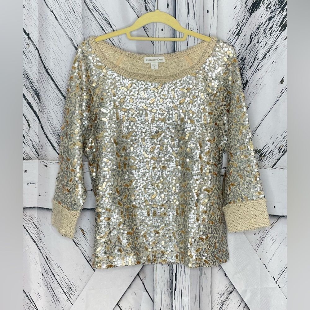 NWT COLDWATER CREEK Sweater Gold Silver Sequin 3/4 Sleeve XL (16)